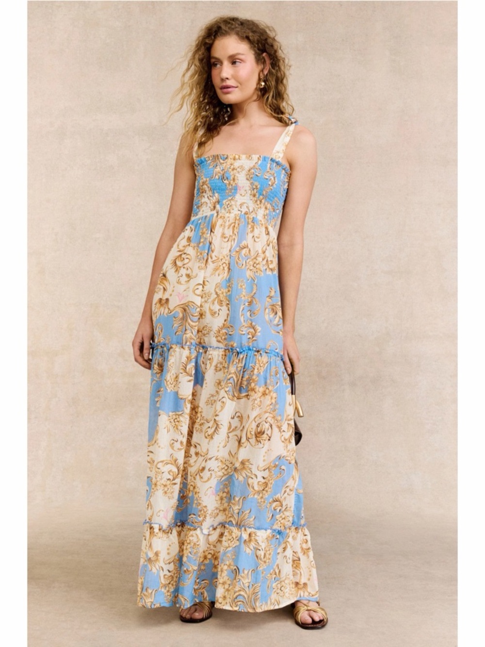 NWT Agua Bendita Lucery Blush Floral Blue Cotton Maxi Dress
